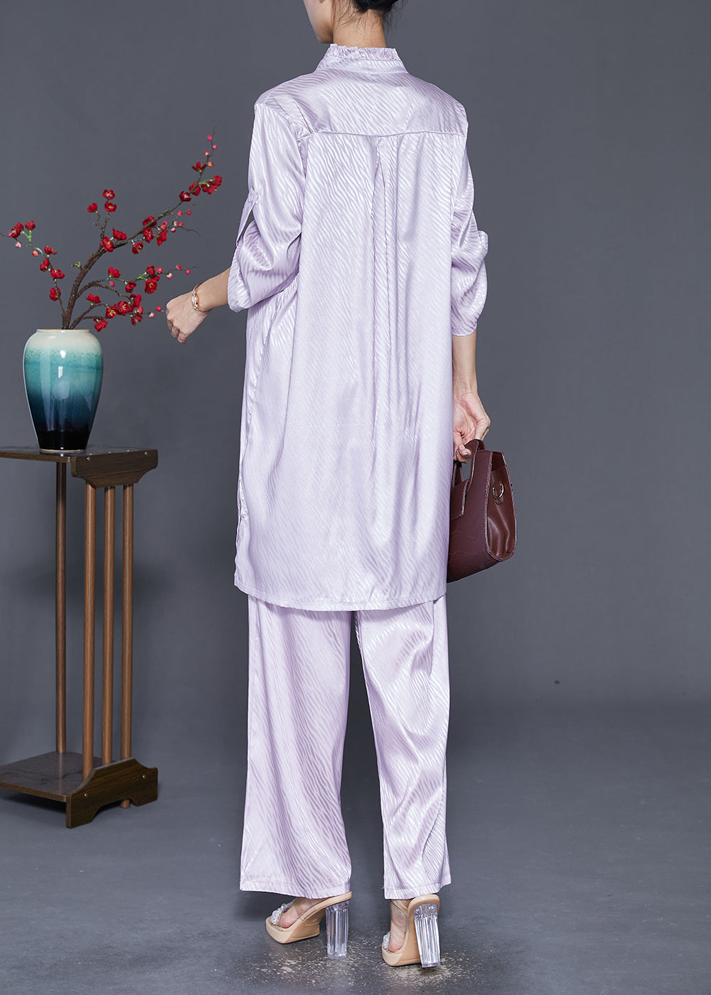 Light Purple Ruffled Tasseled Silk Two Pieces Set Fall