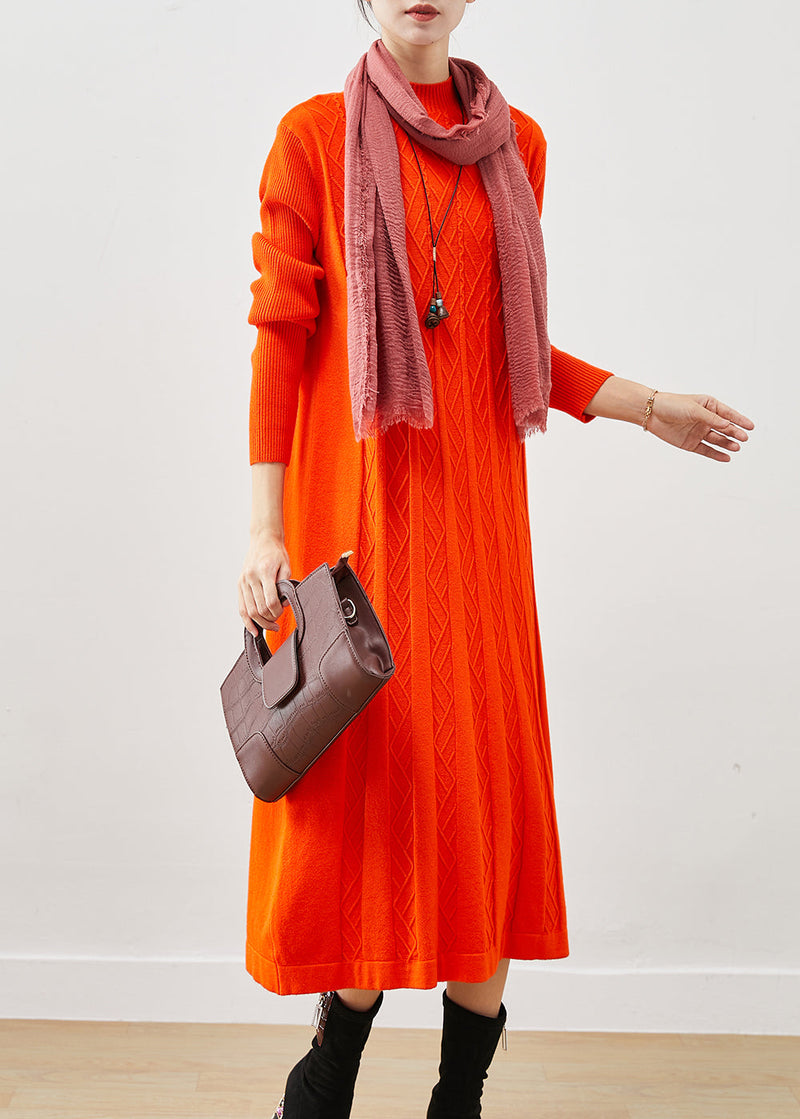 Orange Stand Collar Wrinkled Knit Dress Winter