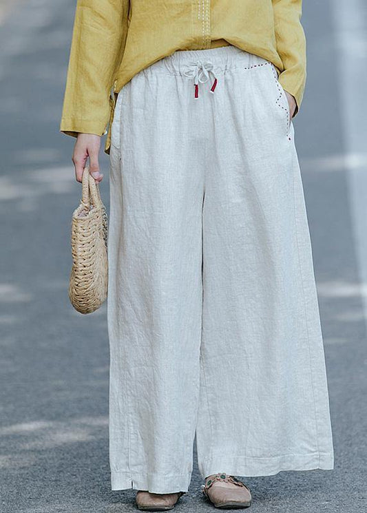Literature White Loose Straight Elastic Waist Lace Up Wide Leg Pants