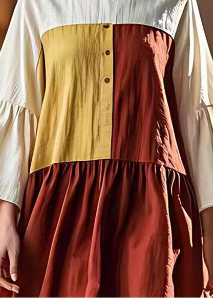 Classy Colorblock O-neck Patchwork Linen Beach Dresses Flare Sleeve