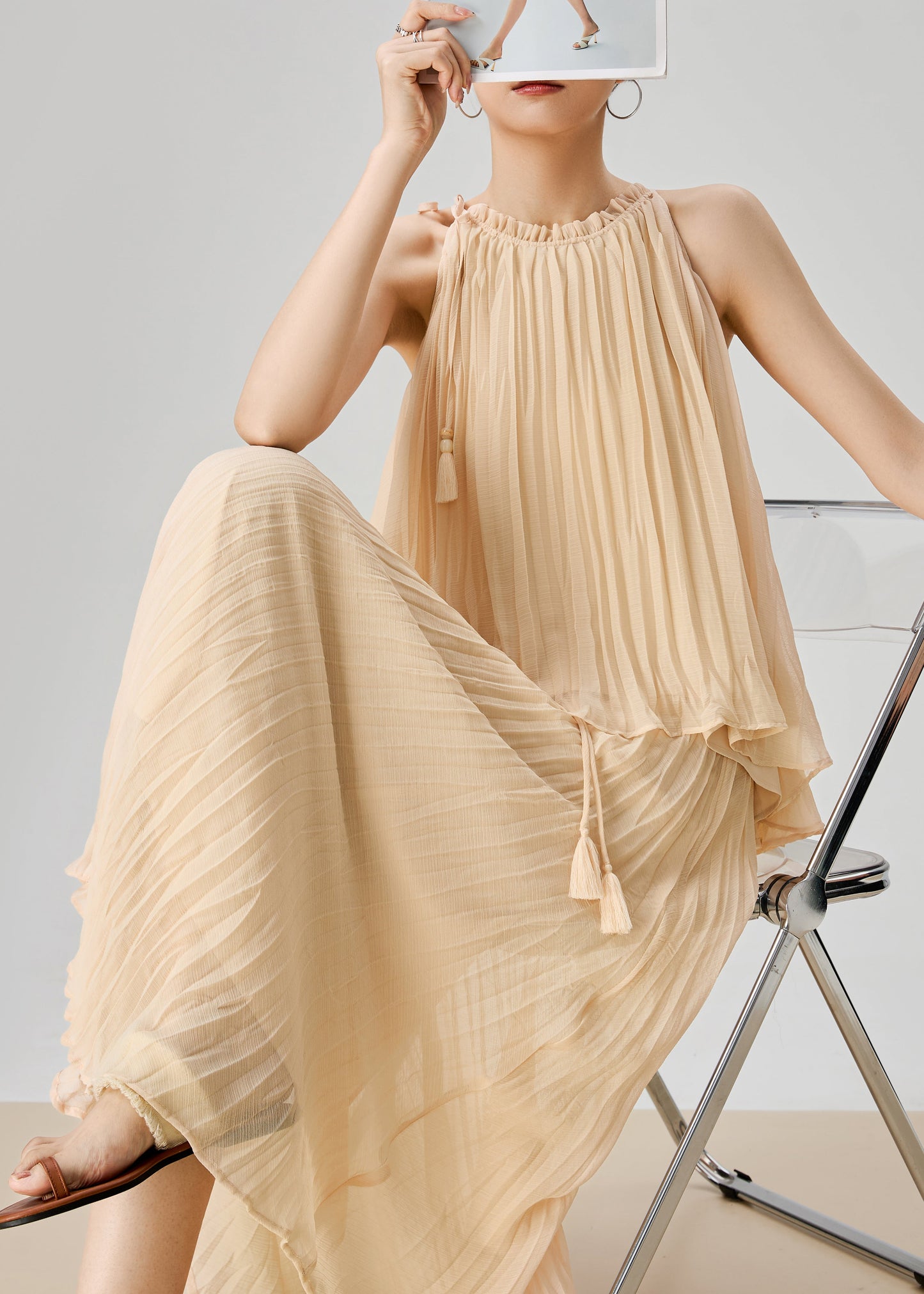 Apricot Wrinkled Tops and Skirts Chiffon Two Pieces Set Sleeveless