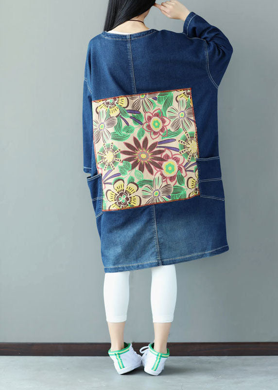 Blue V Neck Pockets Applique Cotton Denim Coats Spring