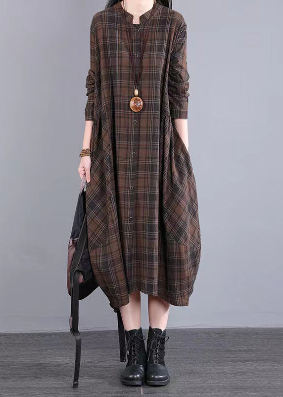 Coffee Plaid Patchwork Cotton Shirts Dress Fall