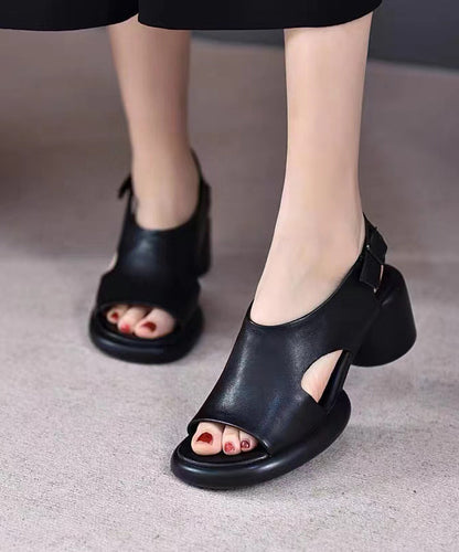 Black Cowhide Leather Buckle Strap Sandals