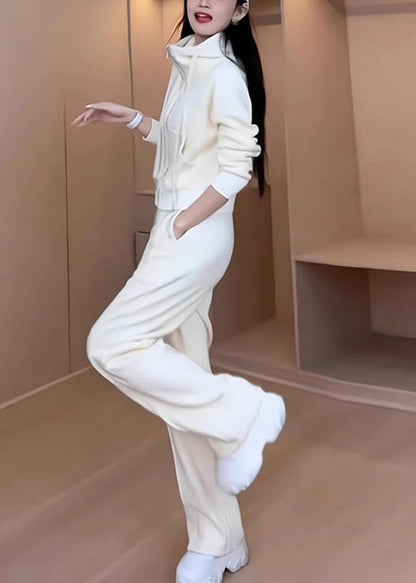 Loose White Hooded Zippered Coat and Pants Cotton Two Pieces Set Fall