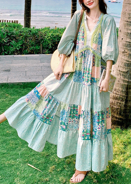 Blue Print Side Open Patchwork Cotton Maxi Dresses Half Sleeve