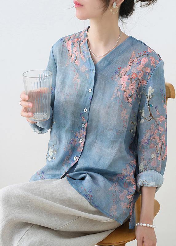 French Grey Blue Print Button Linen Shirt Top Long Sleeve