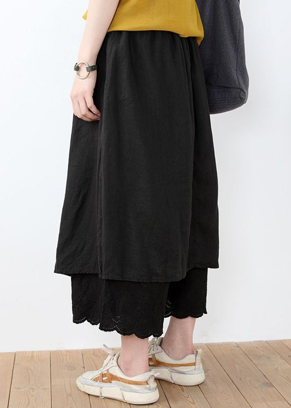 Black Lace Linen Pants Skirt Elastic Waist Summer