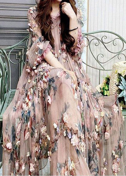 Modern Embroidered Ruffled Tulle Long Dress Lantern Sleeve Summer
