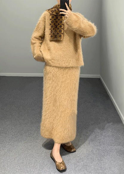 Khaki O Neck Woolen Two Piece Set Outfits Winter