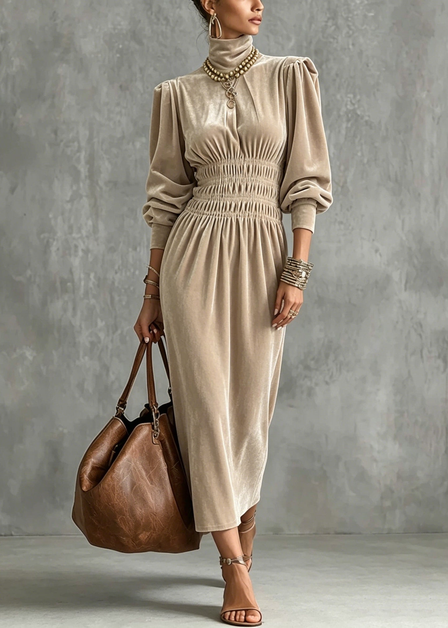 Apricot Hign Neck Wrinkled Patchwork Velvet Dress Lantern Sleeve