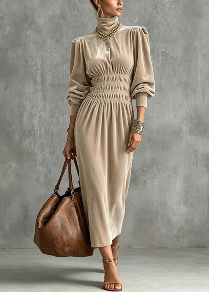 Apricot Hign Neck Wrinkled Patchwork Velvet Dress Lantern Sleeve