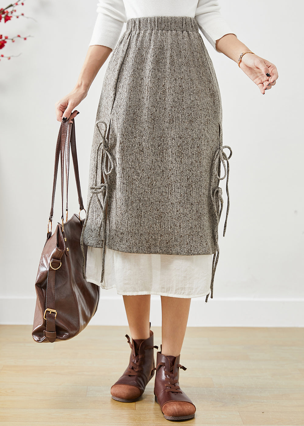 Grey Elastic Waist Patchwork Lace Up Cotton Fake Two Piece Skirt Fall