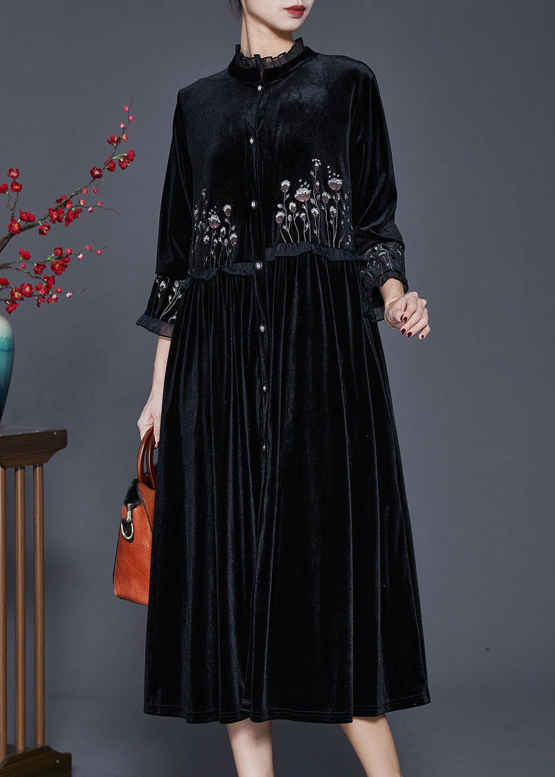 Black Embroidered Patchwork Ruffled Silk Velour Dress Bracelet Sleeve