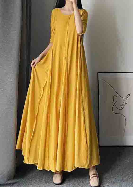 New Yellow O Neck Wrinkled Patchwork Cotton Exra Large Hem Dress Fall