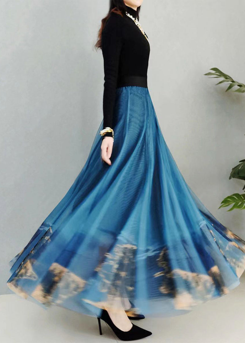 Blue Wrinkled Print Elastic Waist Tulle Skirt Spring