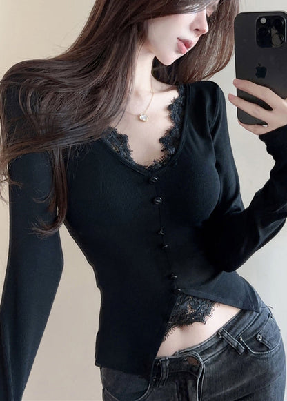 Black V Neck Patchwork Cotton Shirts Spring