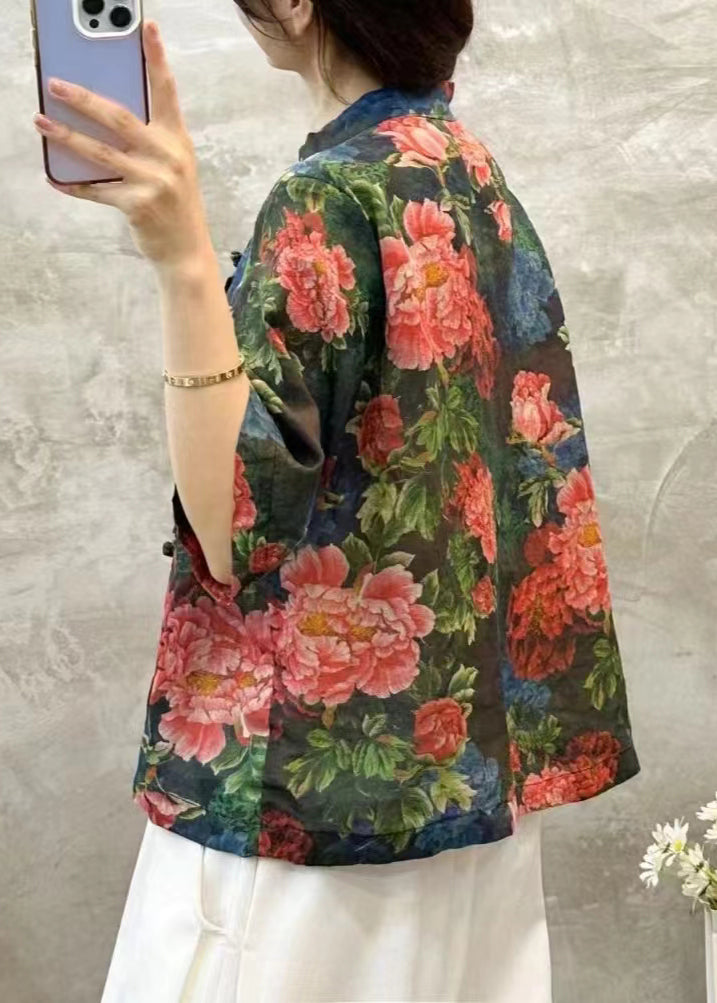 Green Stand Collar Print Linen Shirt Summer