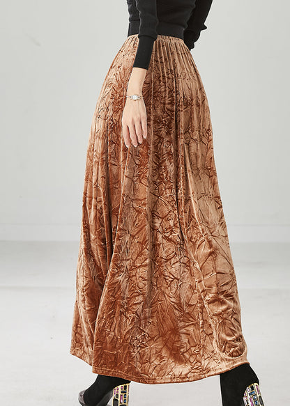 Khaki Elastic Waist Wrinkled Silk Velour Skirt Fall