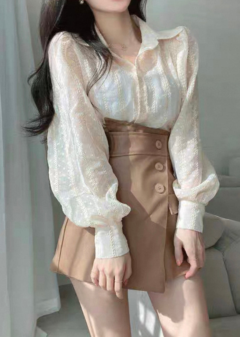 Beige Lace Button Cotton Shirts Puff Sleeve