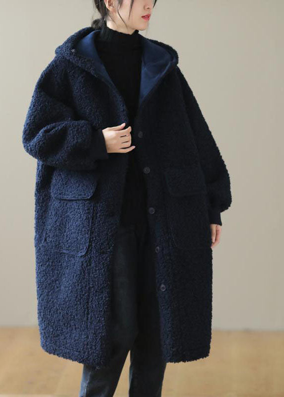 Blue Hooded Button Faux Fur Winter Coat