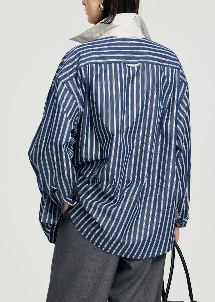 Blue Striped Patchwork Button Top Long Sleeve