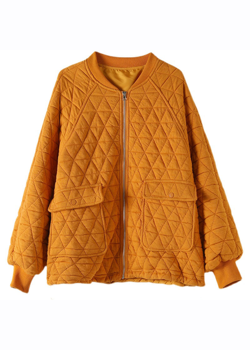 Modern Yellow O-neck Pockets Plaid Patchwork Fleece Coat Fall