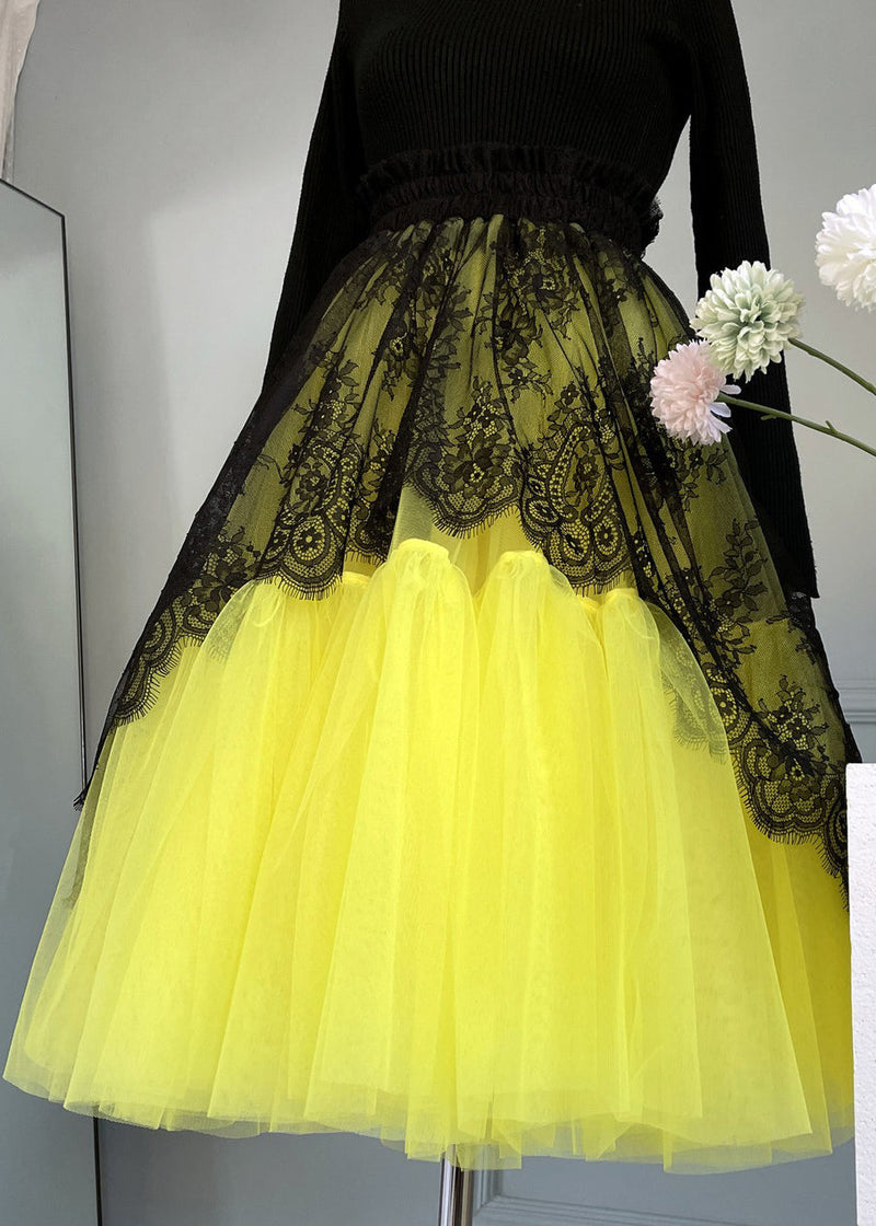 Yellow Lace Elastic Waist Patchwork Tulle Skirts Summer