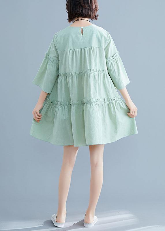 Light Green O-neck Ruffles Summer Cotton Vacation Dresses