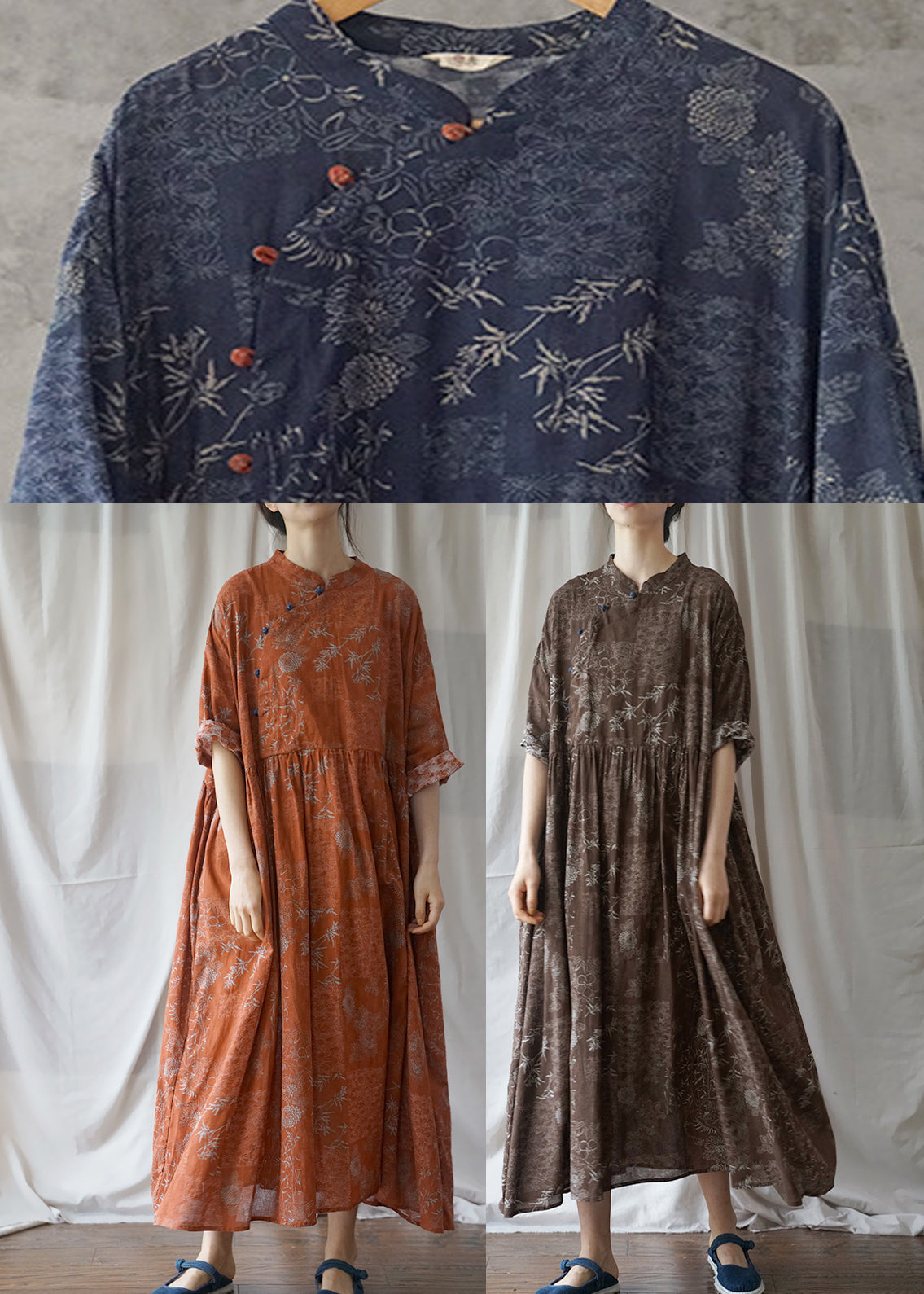 Orange Button Wrinkled Cotton Long Dress Half Sleeve