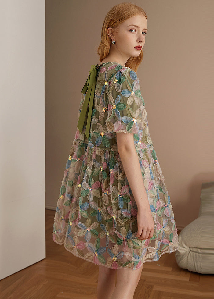 Italian Green O Neck Patchwork Tulle Mid Dresses Puff Sleeve