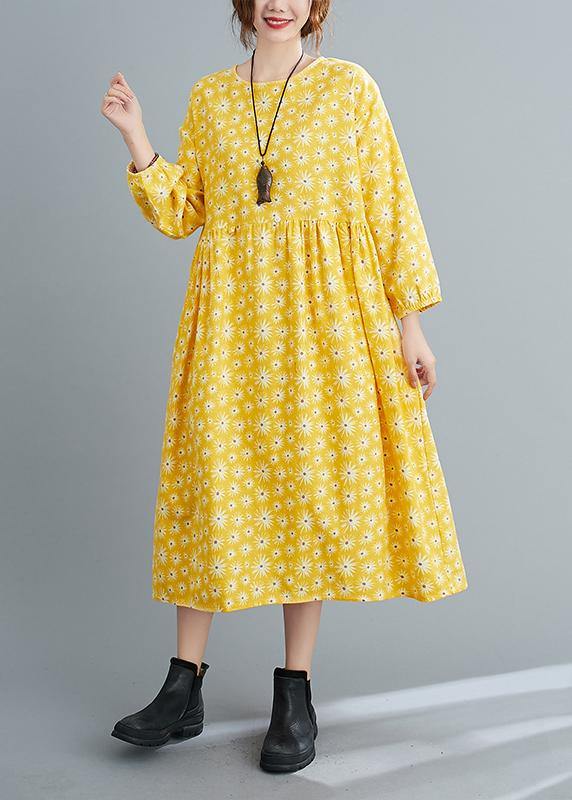 Loose Yellow O Neck Cinched Art Spring Dresses
