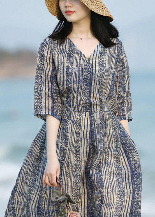 Blue V Neck Striped Patchwork Pockets Linen Dresses Short Sleeve