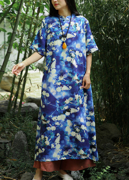Blue Print Pockets Linen Long Dresses Short Sleeve