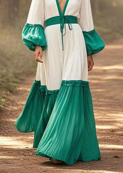 White Cinched Patchwork Cotton Maxi Dresses Lantern Sleeve