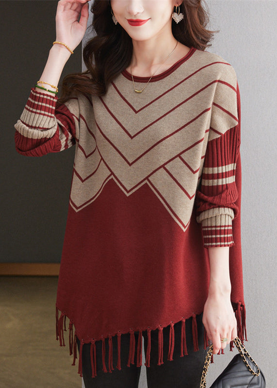 Coffee O Neck Tassel Woolen Sweater Tops Spring