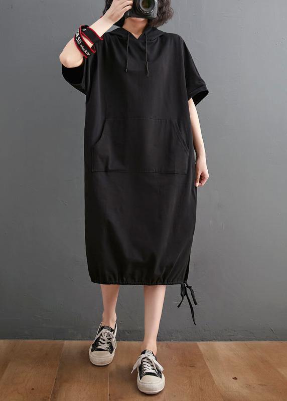Black Hooded Pockets Mid Summer Cotton Dress