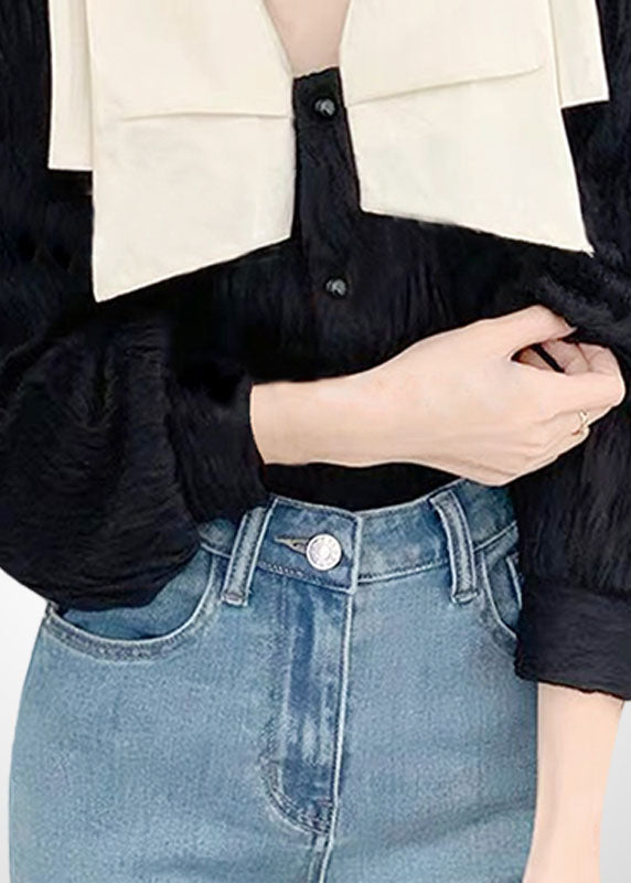 Black Peter Pan Collar Patchwork Original Design Blouses Spring