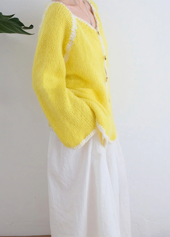 Yellow O Neck Button Knit Cardigans Fall