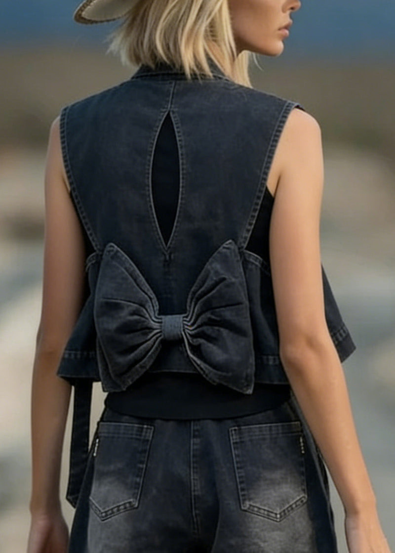 Stylish Black Bow Vest and Shorts Denim Two Pieces Set Summer