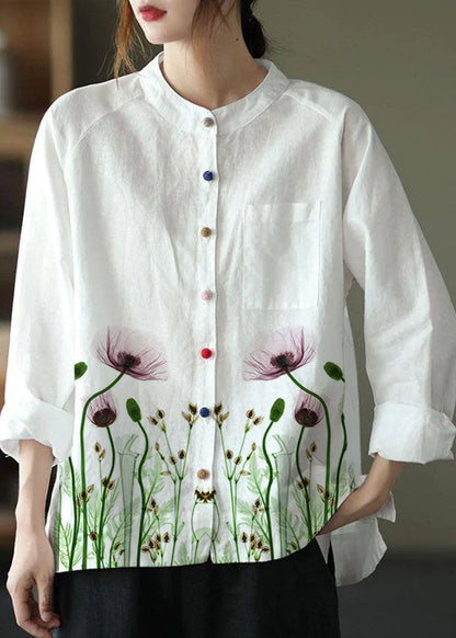 Modern White Loose Patchwork Pockets Fall Long Sleeve Blouse Top