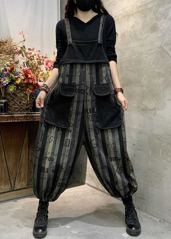 Black Graphic Print Striped Button Denim Jumpsuits Spring