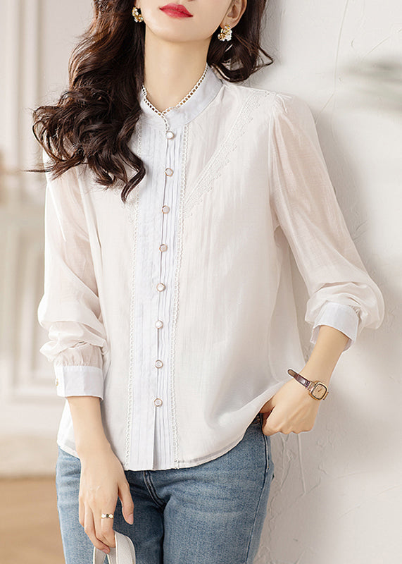 White Button Lace Patchwork Shirts Long Sleeve