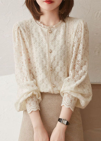 Beige Hollow Out Button Lace Patchwork Tops Lantern Sleeve