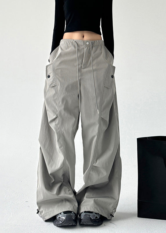 Grey Pockets Tie Waist Wide Leg Pants Spring