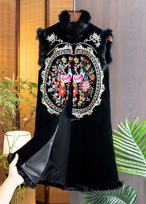 Black Fur Collar Embroideried Patchwork Silk Velour Waistcoat Sleeveless
