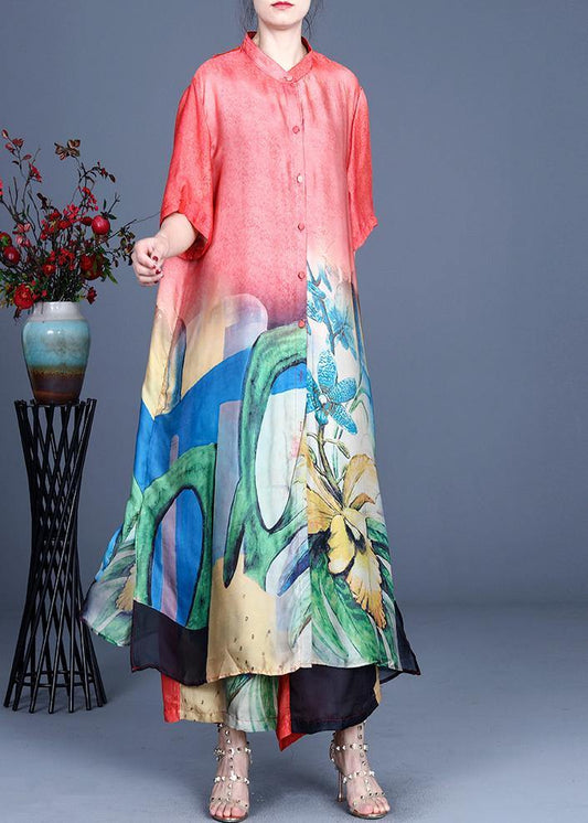 Natural Red Print Button Silk Sets Two Pieces Summer