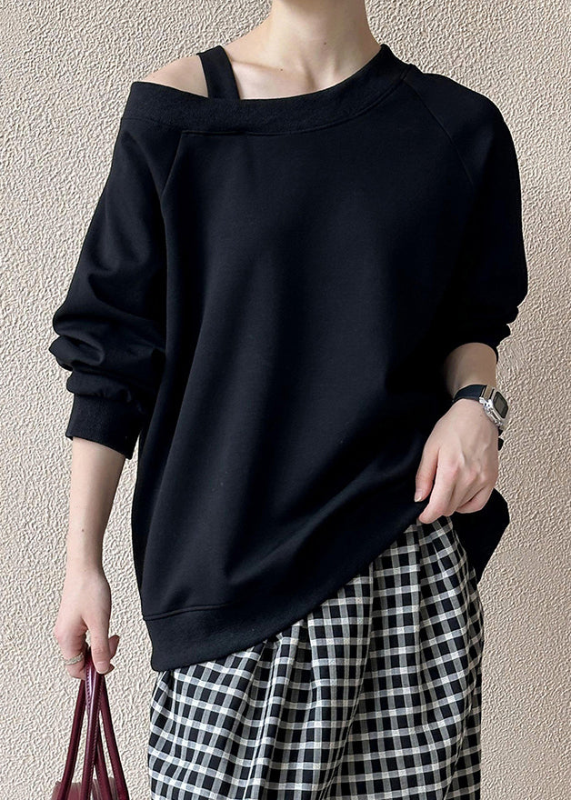 Black Cold Shoulder Cotton T Shirts Fall