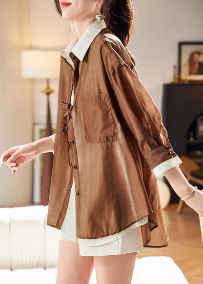 Original Coffee Peter Pan Collar False Two Pieces Chiffon Shirts Long Sleeve