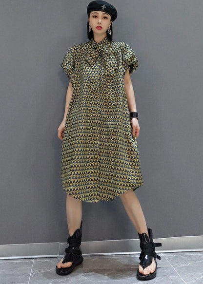 Original Stand Collar Print Cotton Shirt Dress Short Sleeve